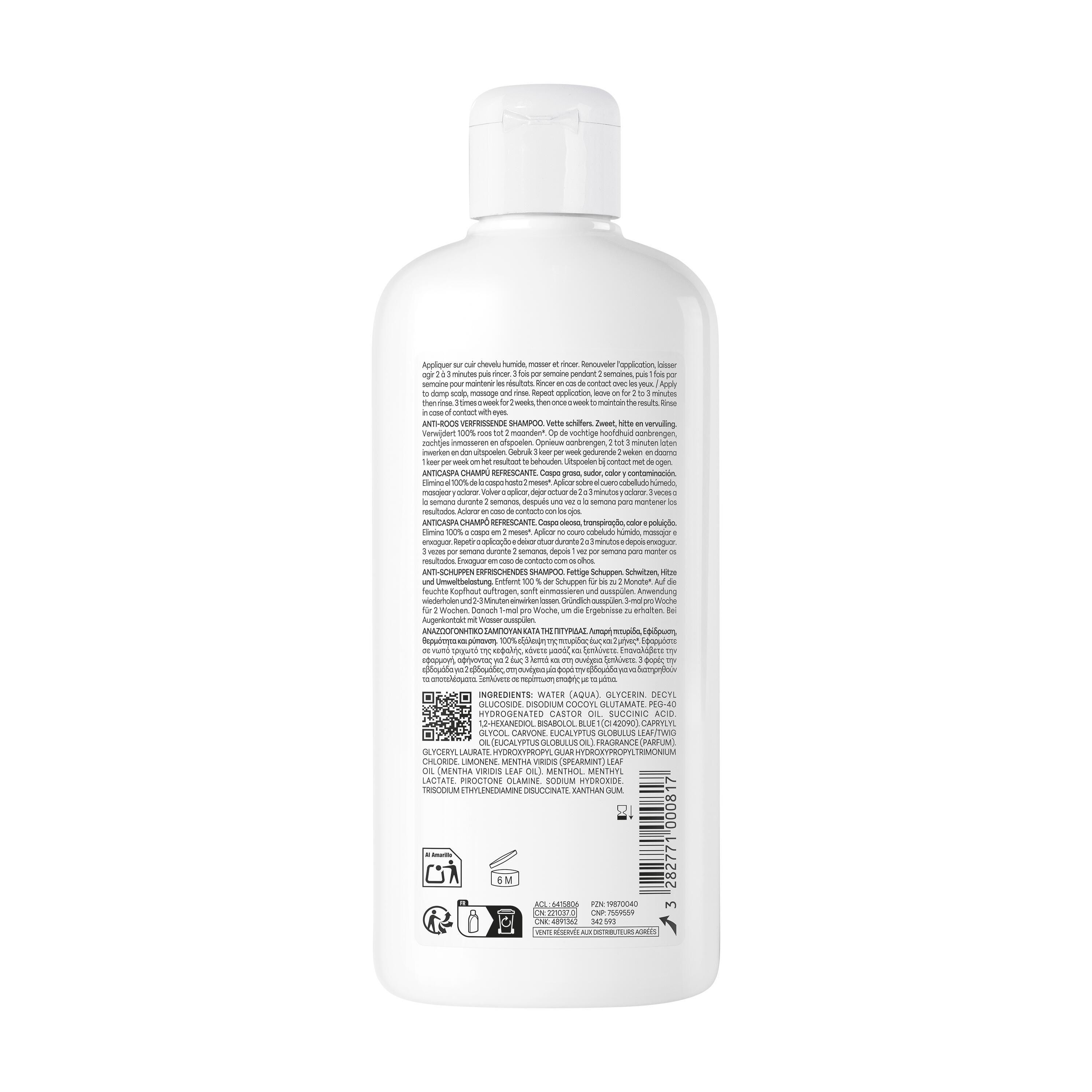 Arrière d'un flacon de shampooing antipelliculaire rafraîchissant Ducray Kelual Squanorm avec ingrédients et QR code.