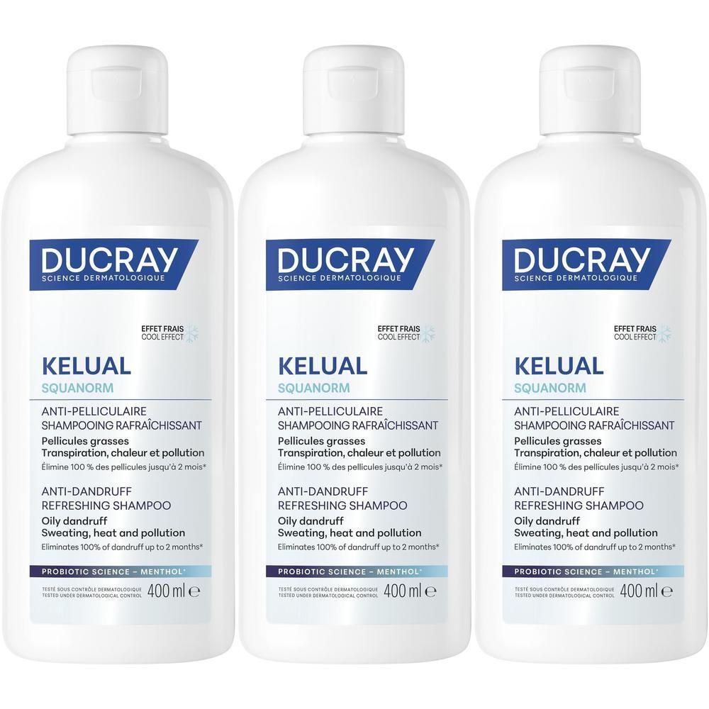 Drie flacons Ducray Kelual Squanorm shampoo.