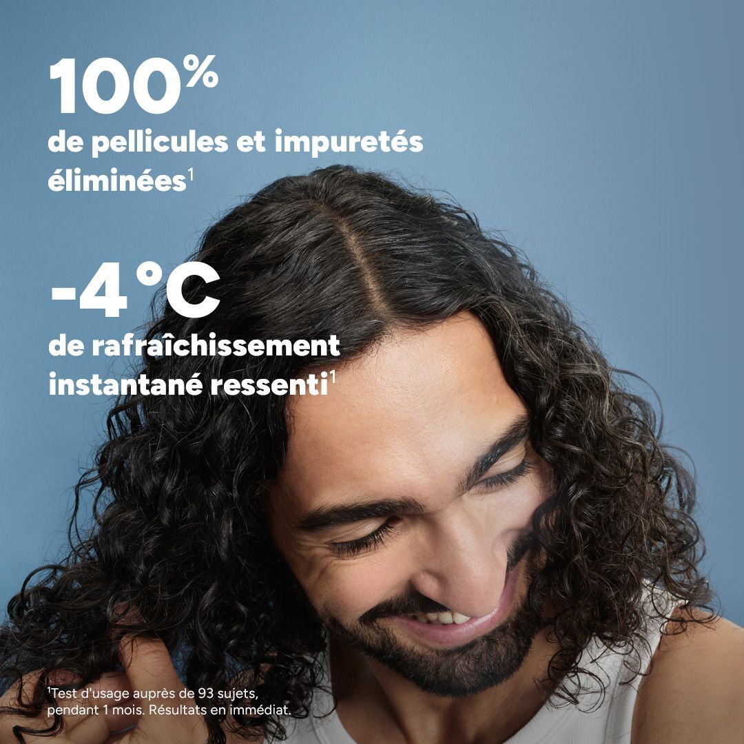 Homme aux cheveux longs, 100% d'élimination des pellicules, effet rafraîchissant -4°C.