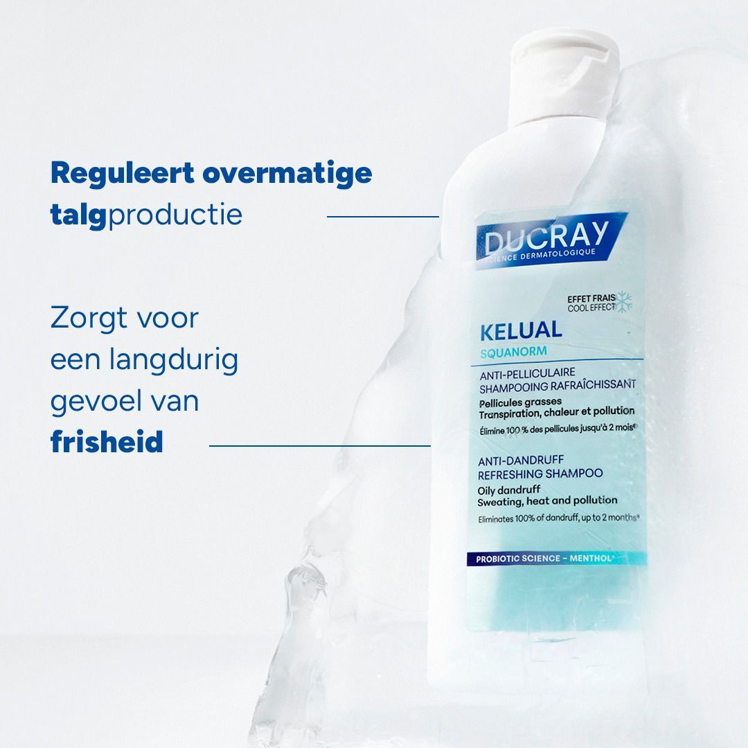 Fles Ducray Kelual Squanorm shampoo, reguleert talg, langdurig fris gevoel.