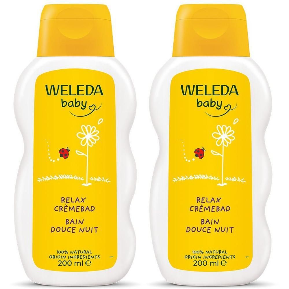Twee Weleda Baby Relax Badjes, 200 ml flessen met gele doppen.