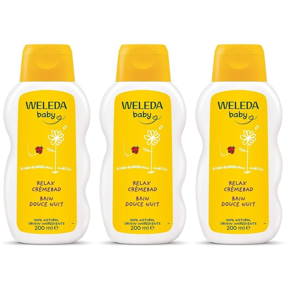 Drie Weleda Baby Relax badcrèmes met gele doppen en gele etiketten met een bloem en een lieveheersbeestje.