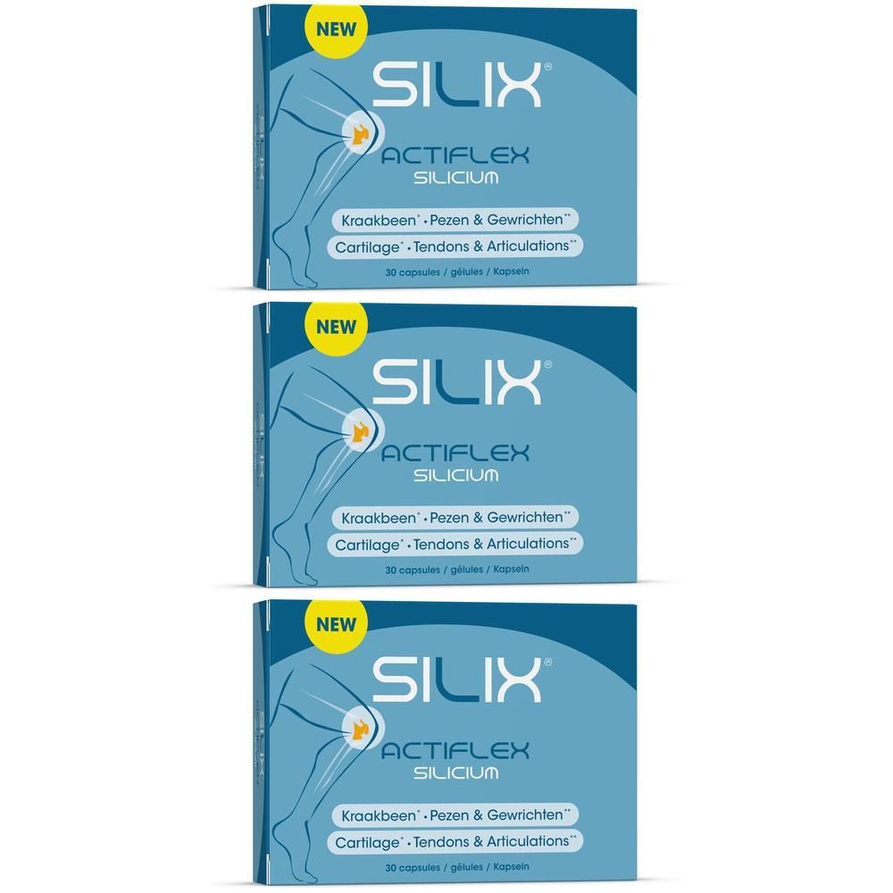 Drie pakken Silix Actiflex Silicium met afbeelding van een knie. "Nieuw" en productinformatie zichtbaar.