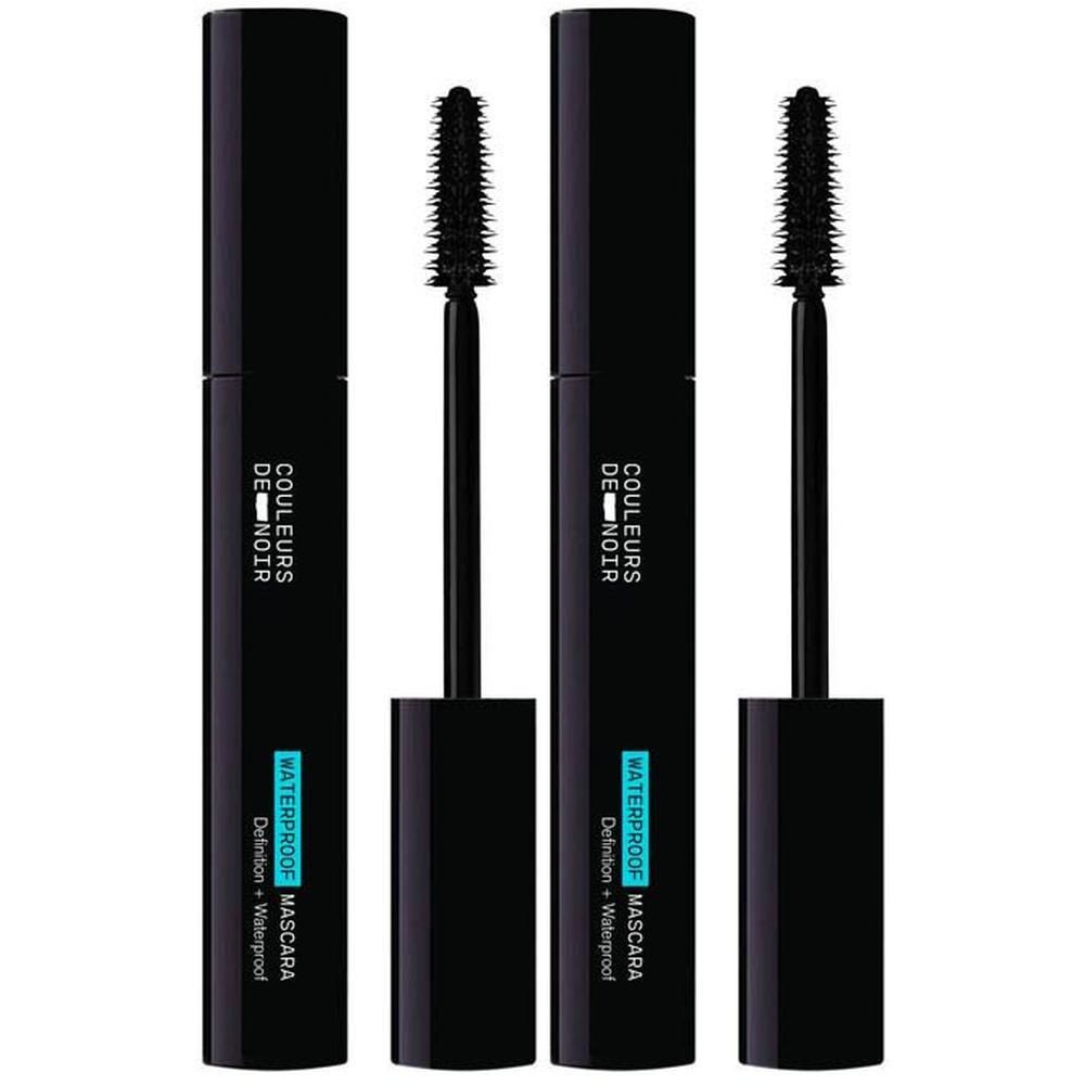 Twee zwarte mascara's met borsteltjes. Opschrift: "COULEURS DE NOIR WATERPROOF MASCARA".