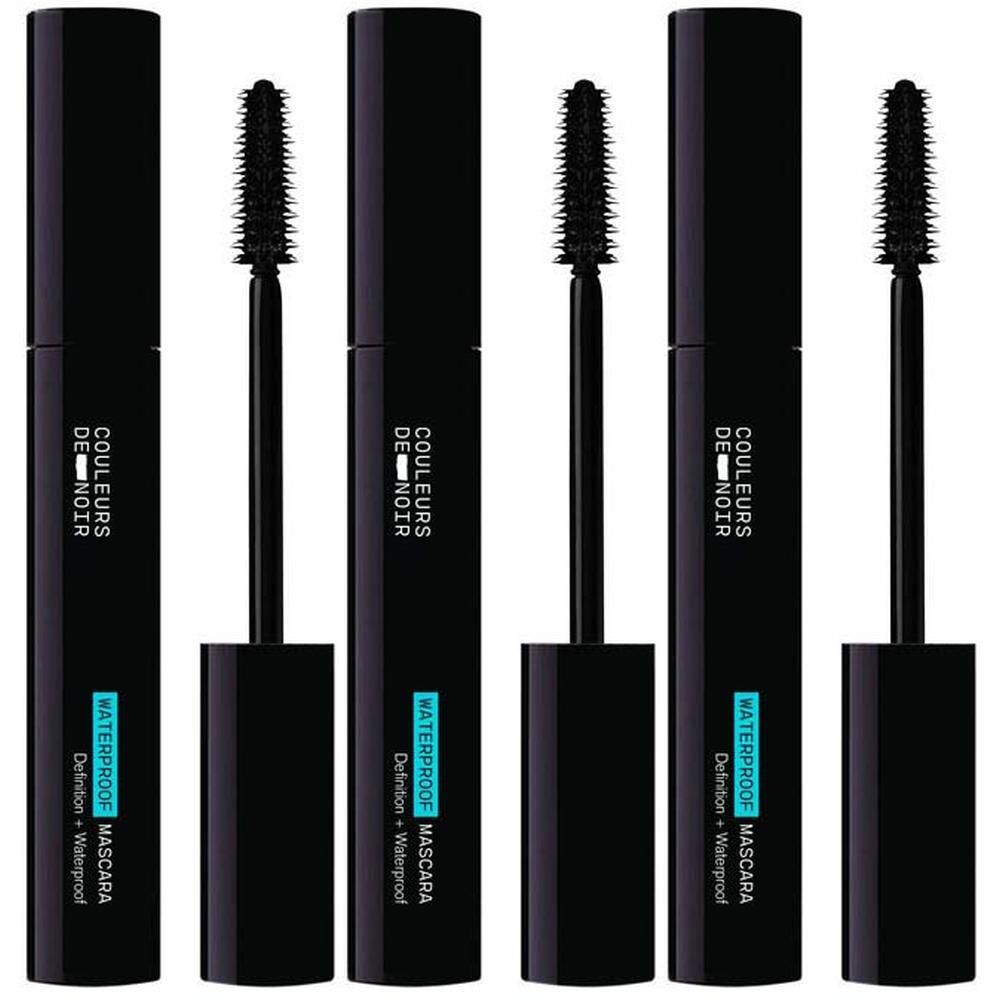 Twee zwarte mascara's met hun borsteltjes. Op de kokers staat "COULEURS DE NOIR WATERPROOF MASCARA".