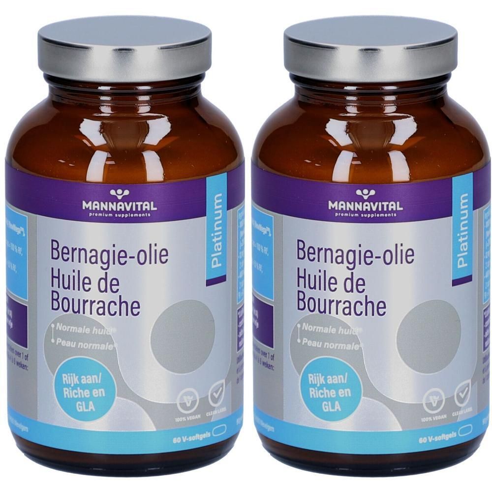 Twee flessen Mannavital Bernagieolie, 60 capsules.