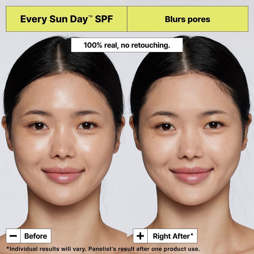Comparaison avant/après : le bâton de crème solaire lisse les pores.