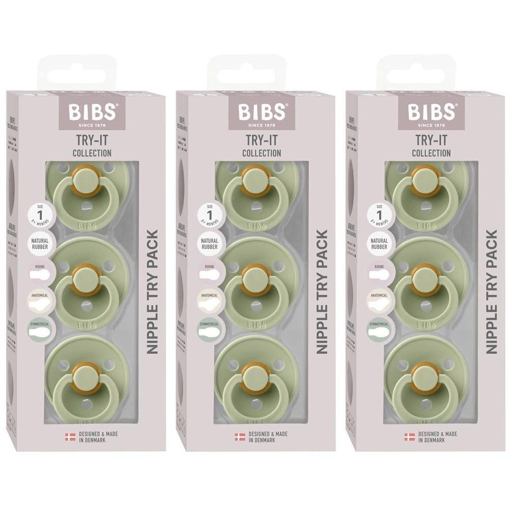 Trois paquets d'essai de sucettes BIBS vert sauge. Chaque paquet contient trois sucettes avec bouclier rond et tétine en caoutchouc naturel.