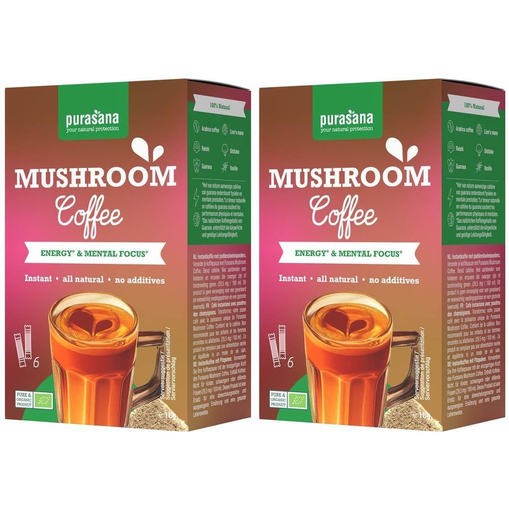 Deux boîtes de café aux champignons Purasana Bio avec un verre de café.