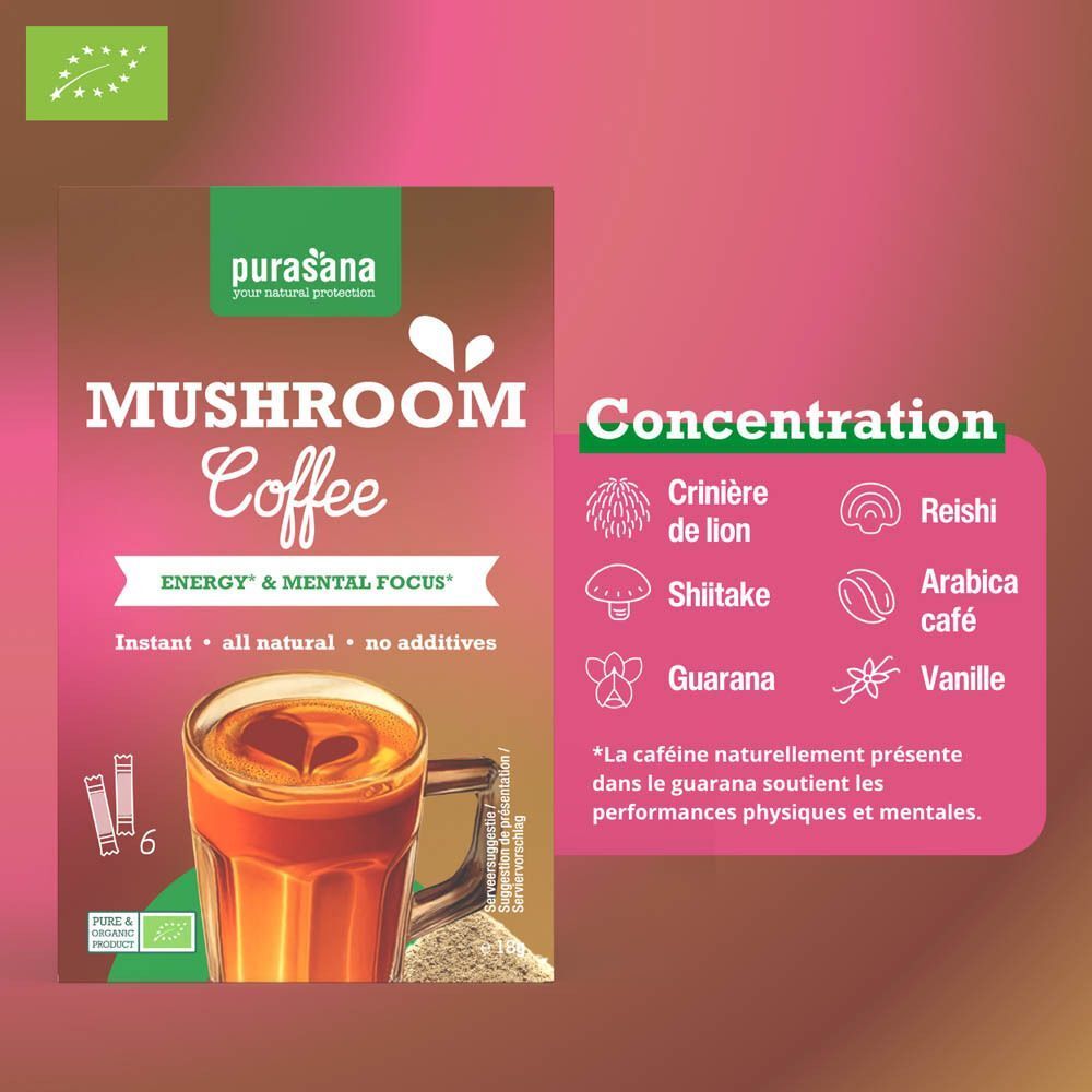 Boîte de café aux champignons Purasana Bio avec liste des ingrédients : Lion's Mane, Shiitake, Guarana, Reishi, Arabica, Vanille.