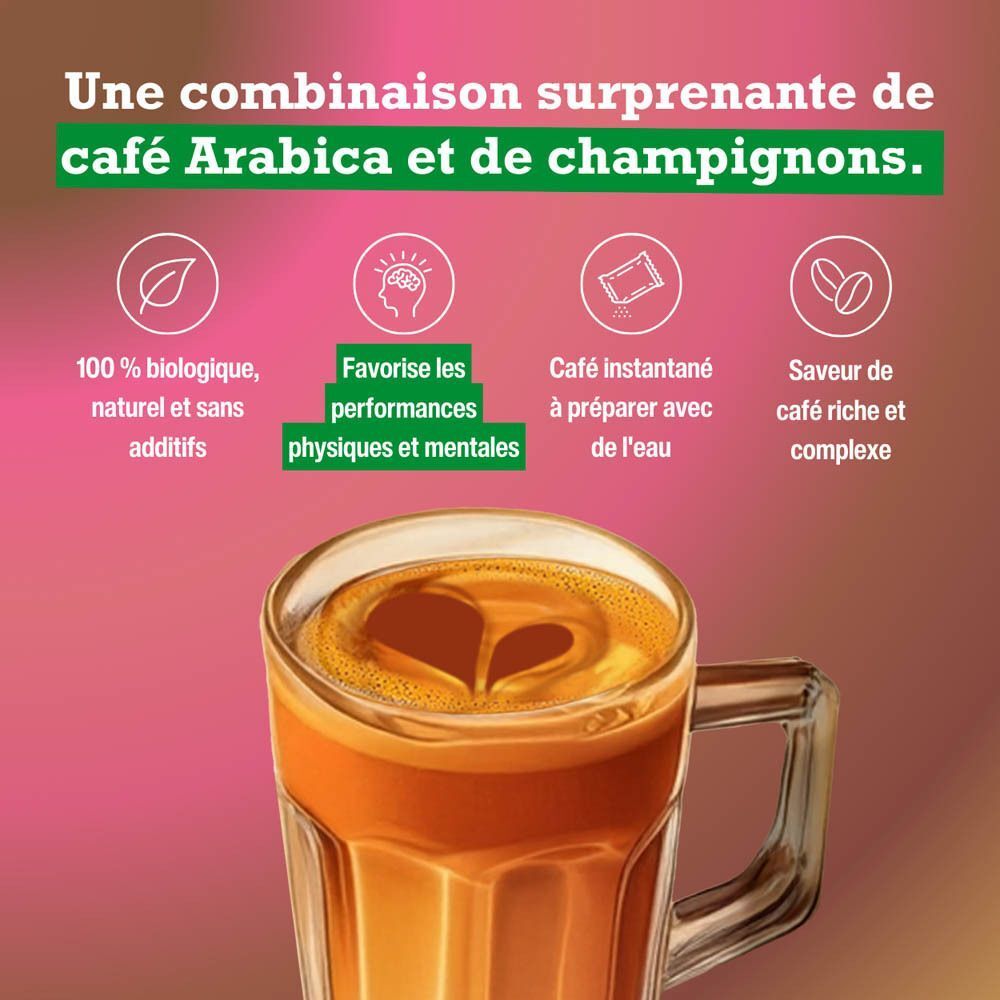 Café aux champignons Purasana Bio : 100% bio, naturel, sans additifs, favorise l'énergie et les performances mentales.