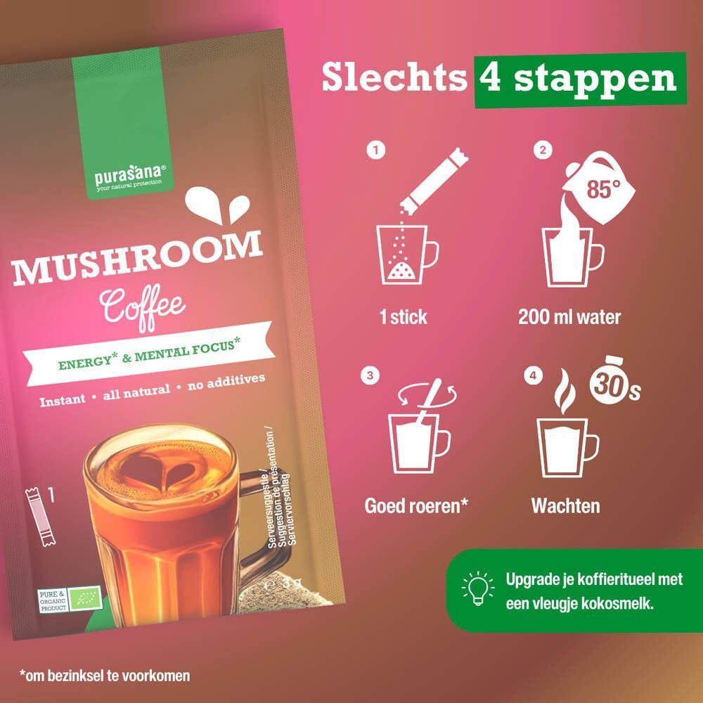 Bereiding van Purasana Biologische Paddenstoelenkoffie in 4 stappen: 1 stick, 200 ml water, roeren, wachten.