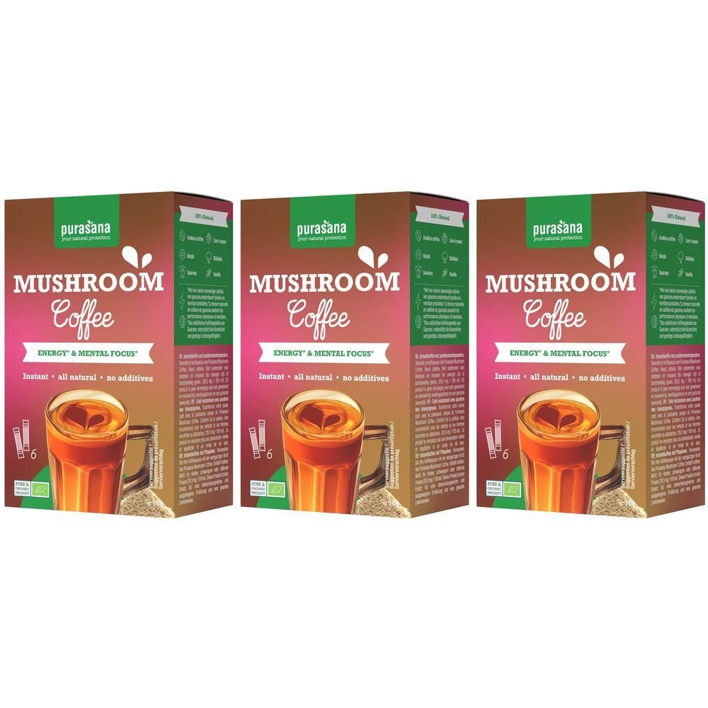 Trois boîtes de café aux champignons Purasana Bio avec un verre de café.