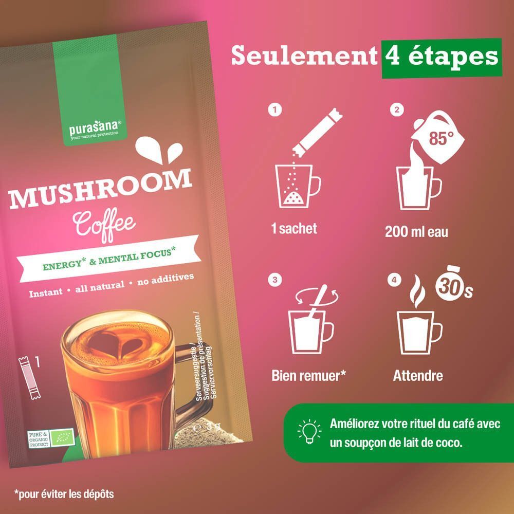 Préparation du café aux champignons Purasana Bio en 4 étapes : 1 stick, 200ml eau, remuer, attendre.