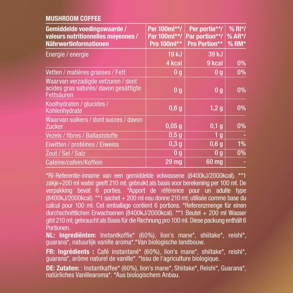 Informations nutritionnelles pour le café aux champignons Purasana Bio par 100ml et par portion.