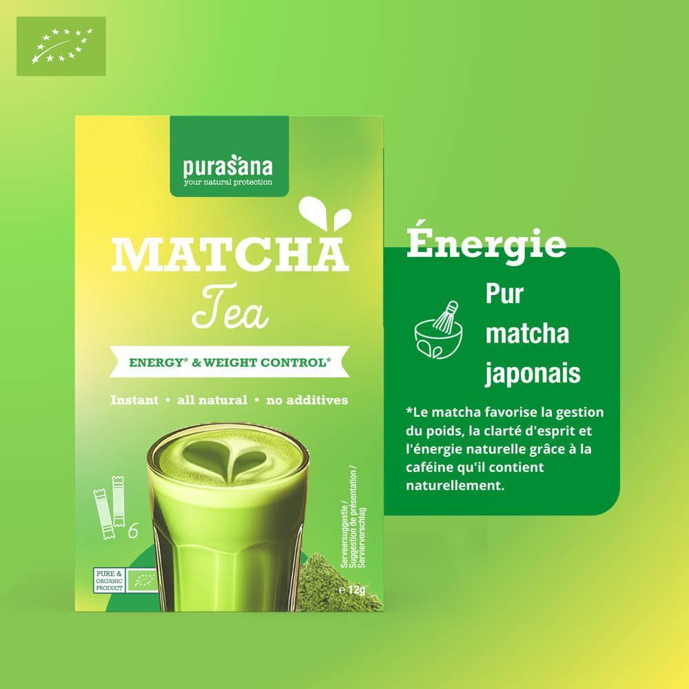 Boîte Purasana Matcha Thé Bio avec verre et indications sur l'énergie et le contrôle du poids.
