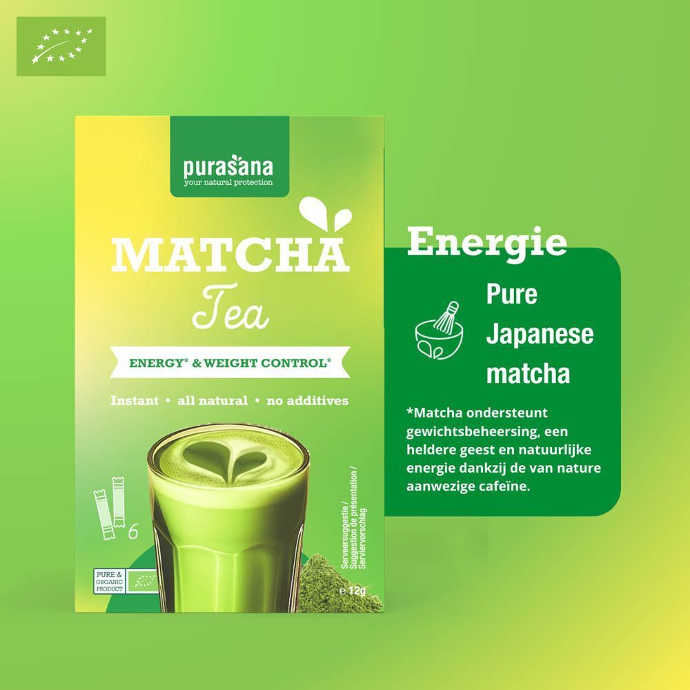 Pak Purasana Matcha Thee Bio met glas en informatie over energie en gewichtsbeheersing.
