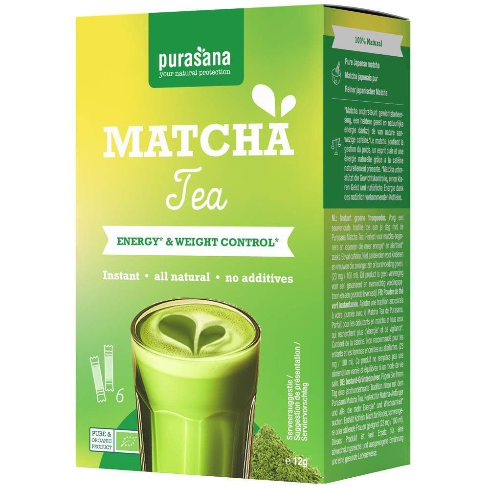Boîte de Thé Matcha Purasana avec un verre de matcha et des symboles de sachets.