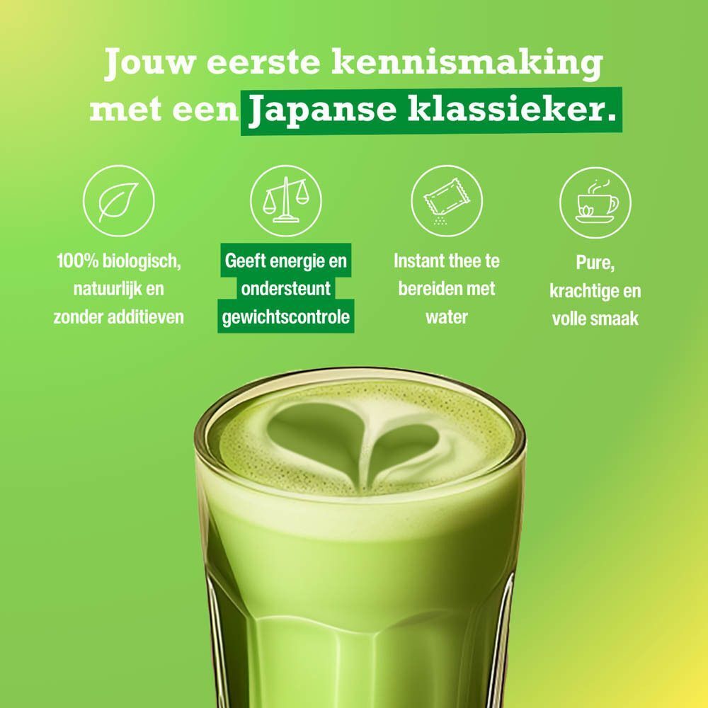 Glas matcha met hartpatroon, omringd door iconen voor bio, energie en bereiding.