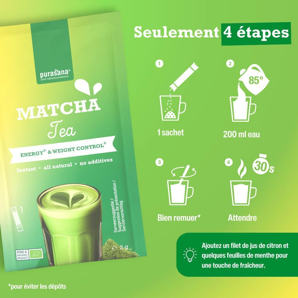 Boîte de Thé Matcha Purasana et instructions de préparation en quatre étapes.