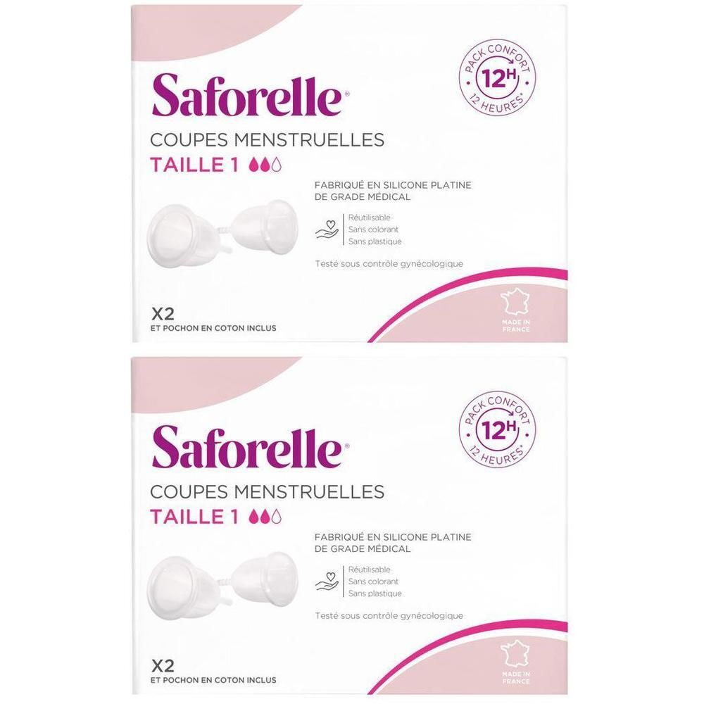 Saforelle Menstruatiecups, Maat 1, 2 stuks. Van medisch siliconen, 12 uur comfort.