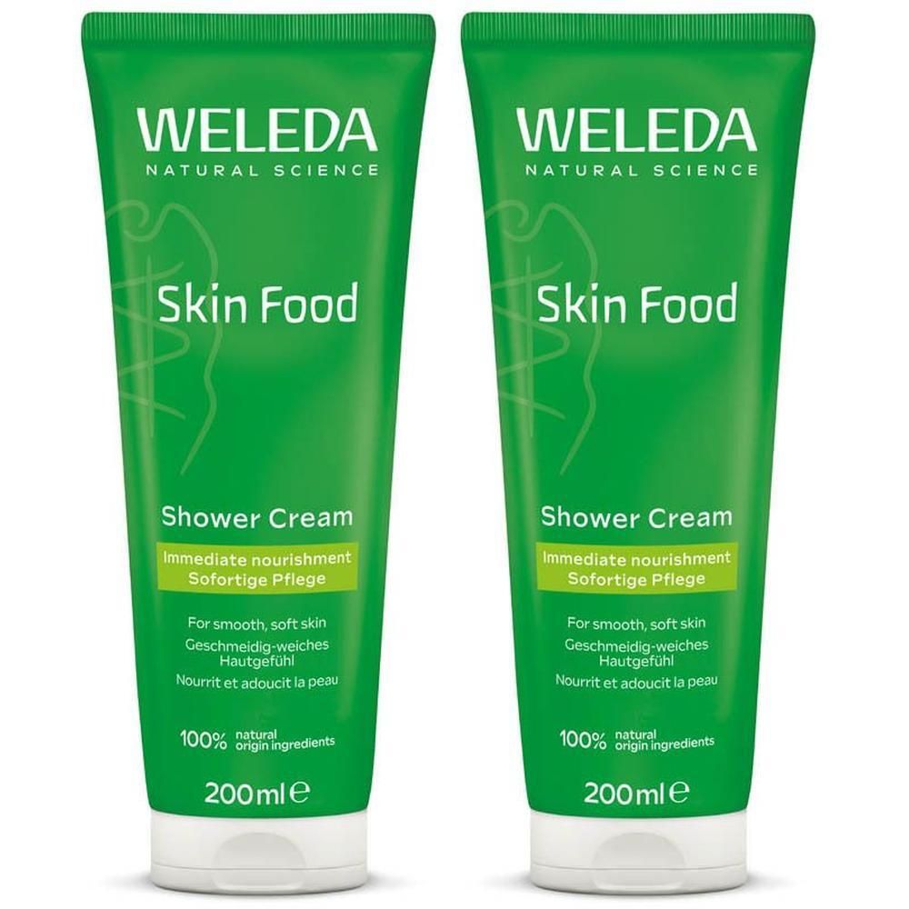 Twee groene tubes Weleda Skin Food Douchecrème, elk 200ml.