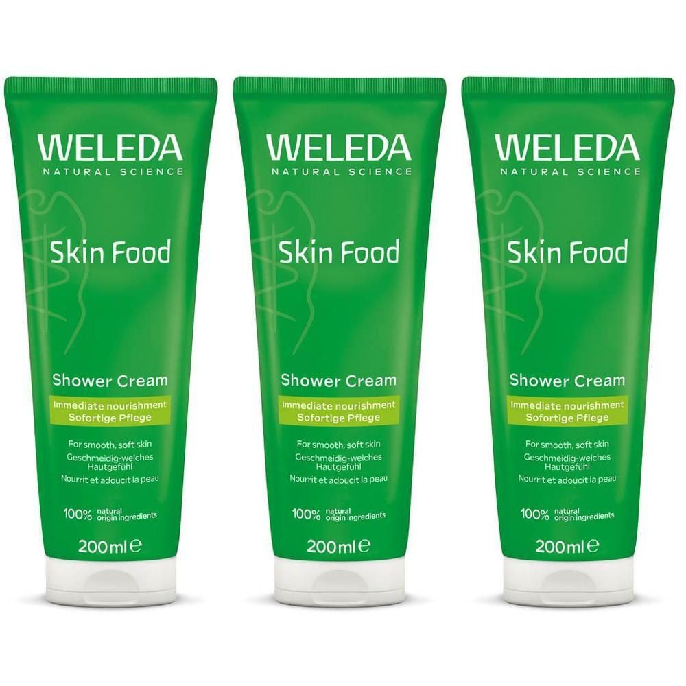 Drie groene tubes Weleda Skin Food Douchecrème, 200ml.