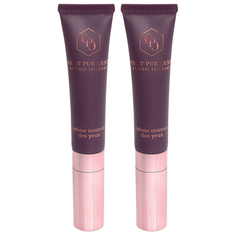 Deux tubes violets de crème contour des yeux, chacun avec un applicateur or rose.