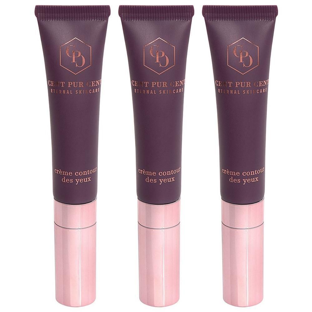 Drie donkerpaarse tubes met roségouden applicator en logo. Crème potjes met schroefdop.