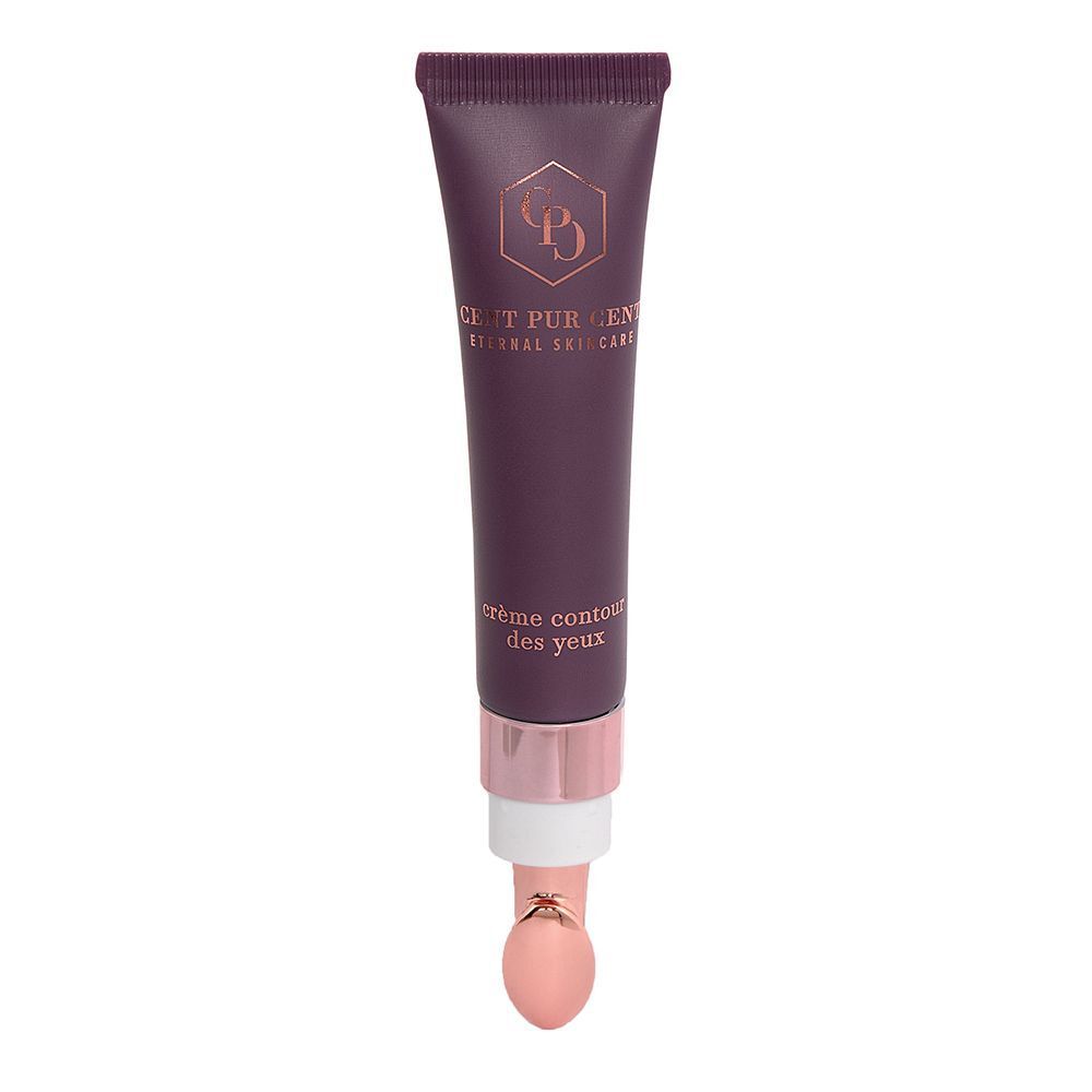 Tube violet foncé avec applicateur et logo en or rose. L'applicateur est une bille métallique.