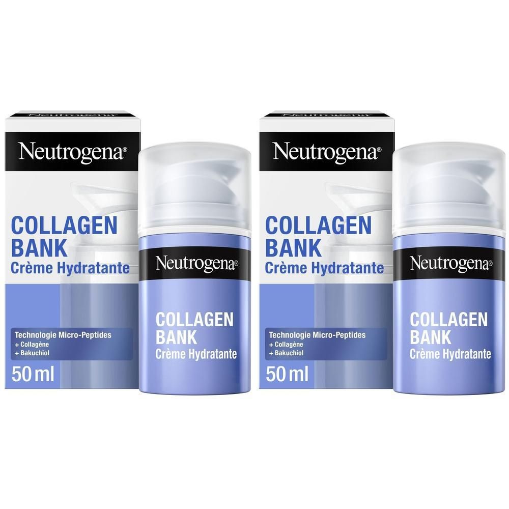 Deux flacons de crème hydratante Neutrogena Collagen Bank avec pompes et boîtes.