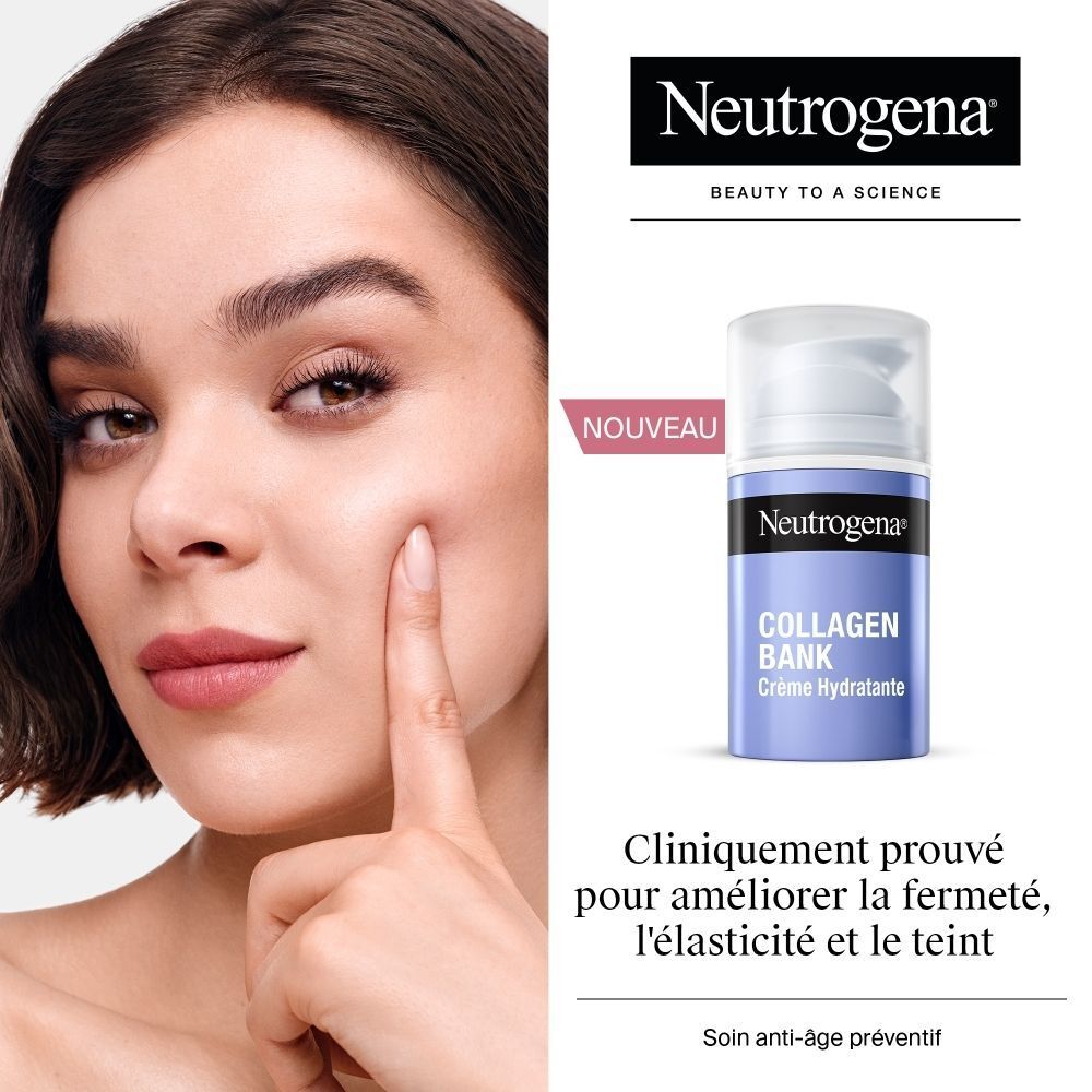 Une femme touche son visage à côté d'un flacon de crème hydratante Neutrogena Collagen Bank.