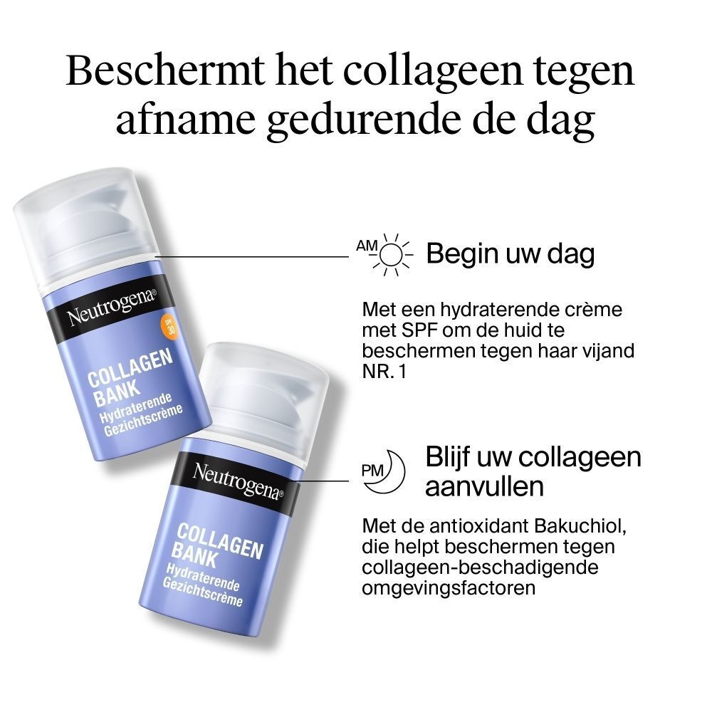 Twee flacons crème die de bescherming van collageen gedurende de dag illustreren.