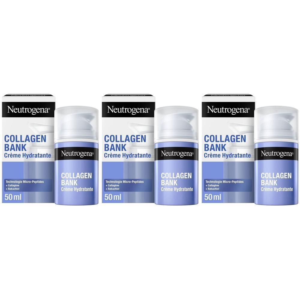 Trois flacons de crème hydratante Neutrogena Collagen Bank avec distributeurs.