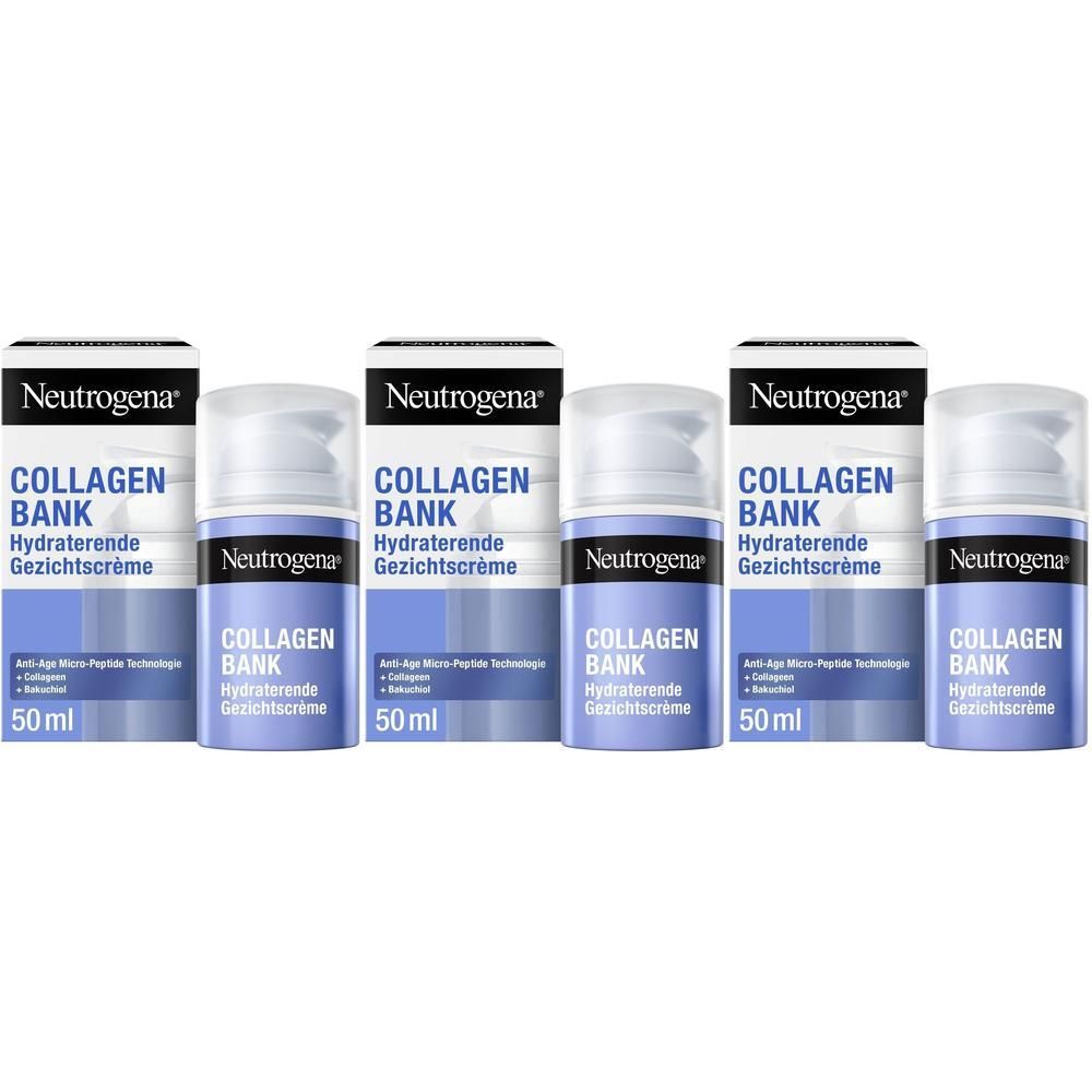 Vijf flacons Neutrogena Collagen Bank hydraterende gezichtscrème in retailverpakking.