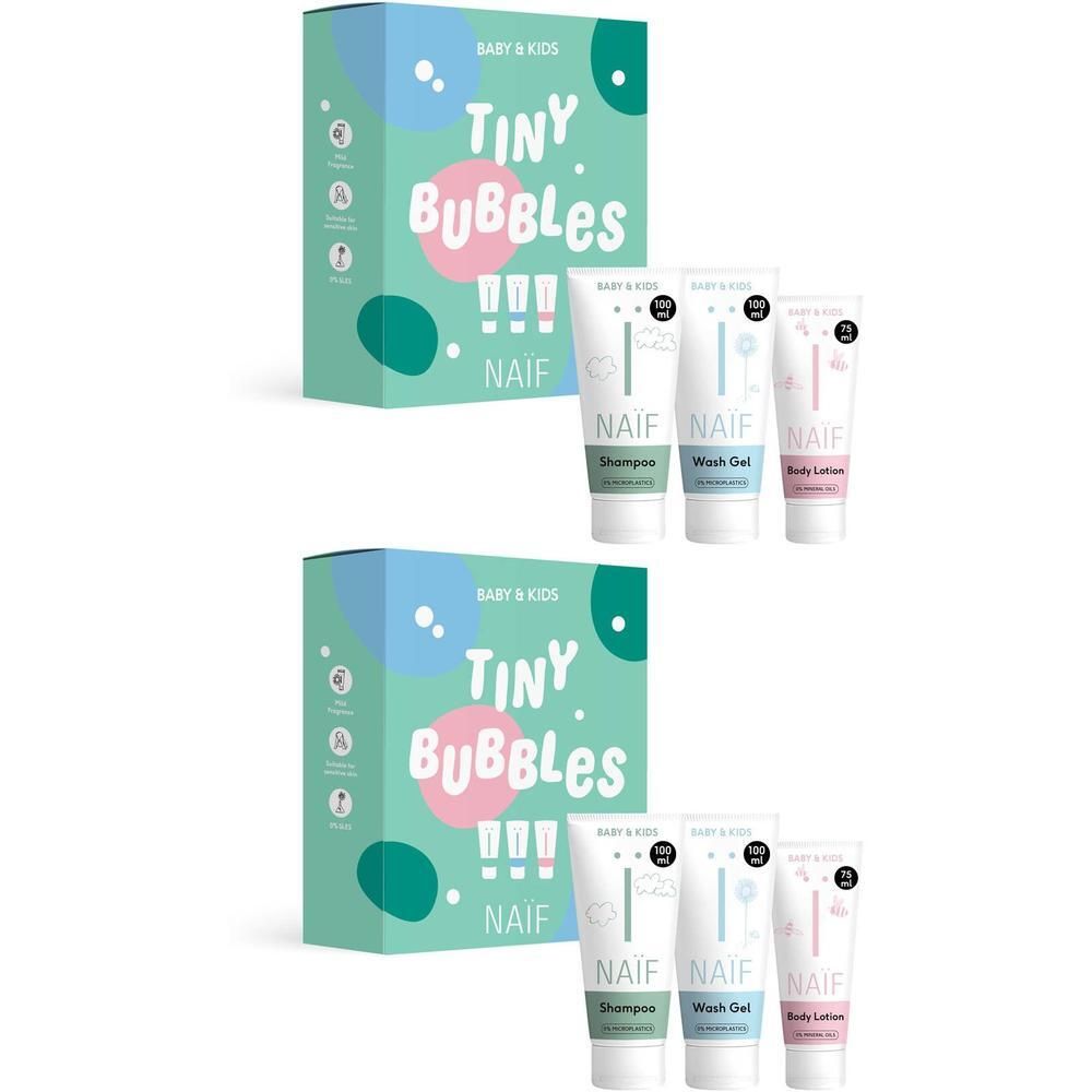 Twee geschenksets met elk drie Naïf Baby & Kids producten: Shampoo, Wasgel en Bodylotion.