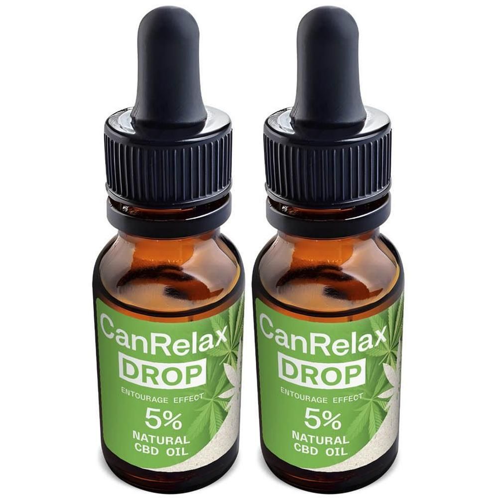 Deux flacons de CanRelax Drop 5% huile CBD naturelle avec compte-gouttes.