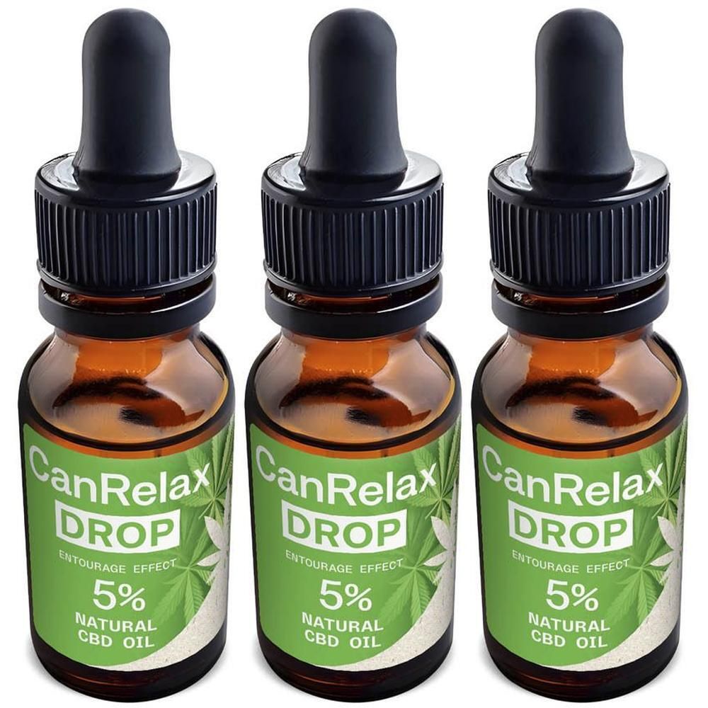 Trois flacons d'huile CBD CanRelax Drop 5% avec compte-gouttes.