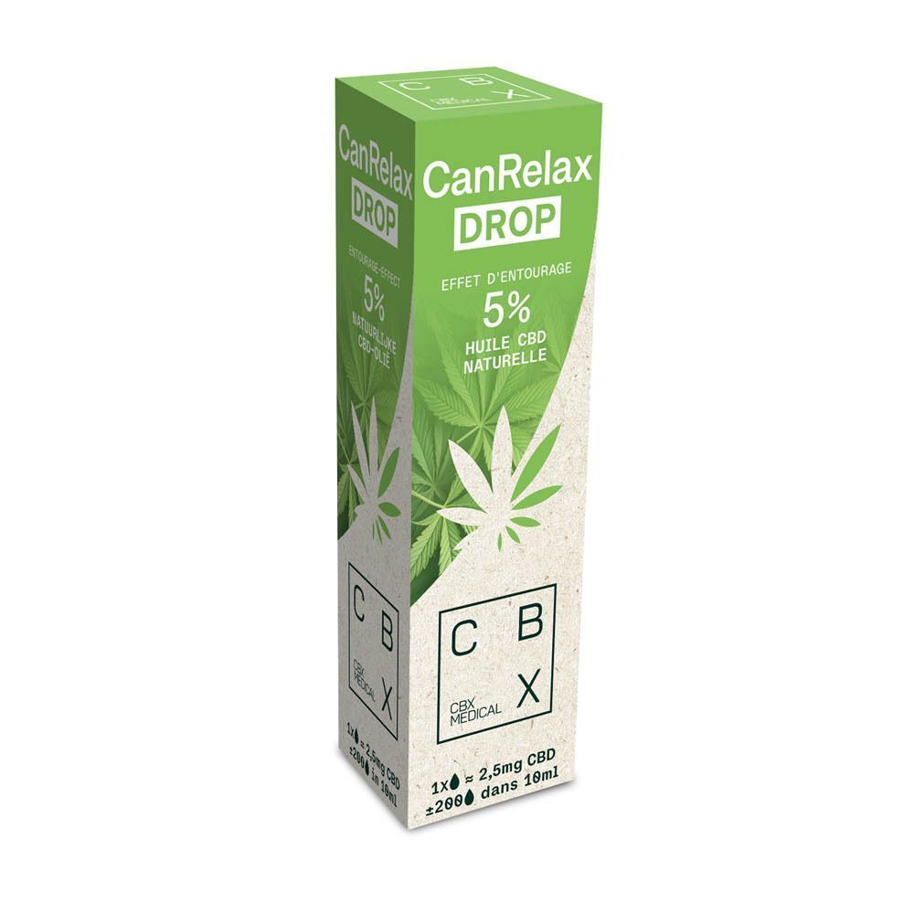 Verpakking voor CanRelax Drop CBD olie 5%, met hennepbladmotief.