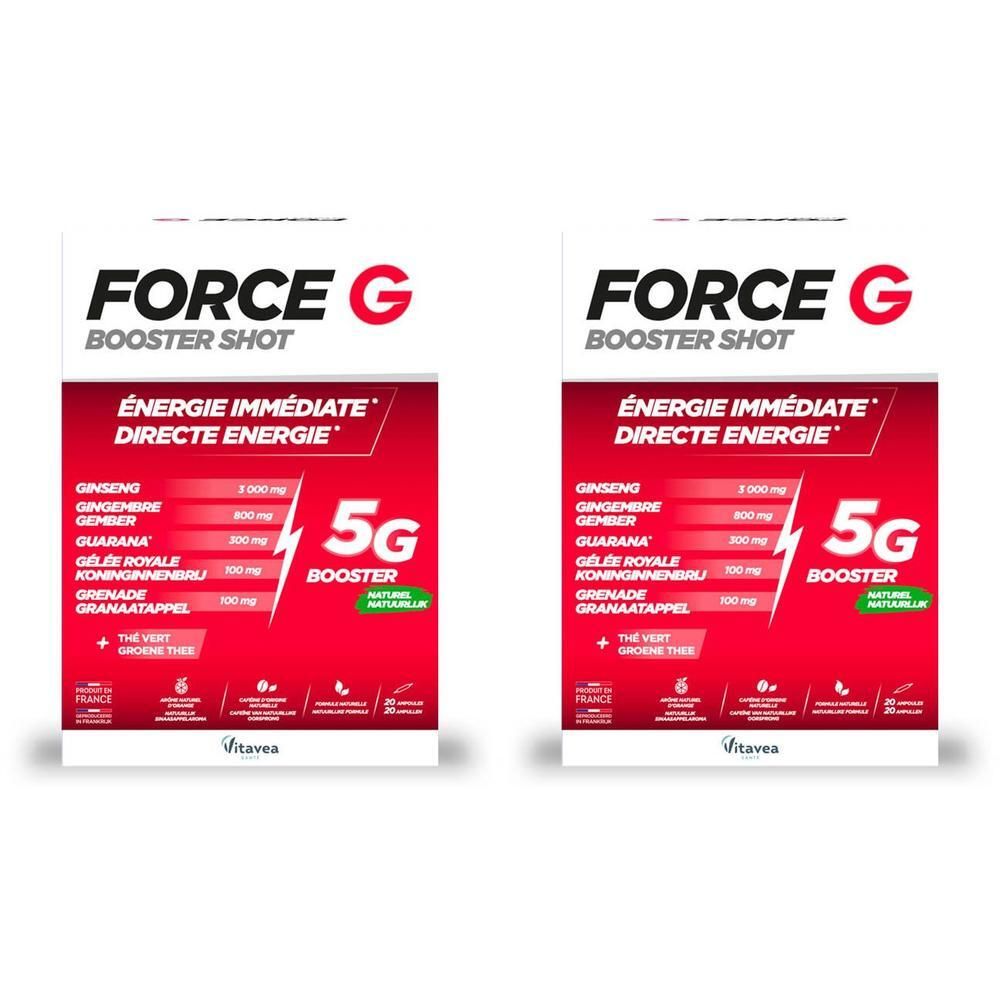 Deux boîtes Force G Booster Shot, design rouge avec inscription énergie.