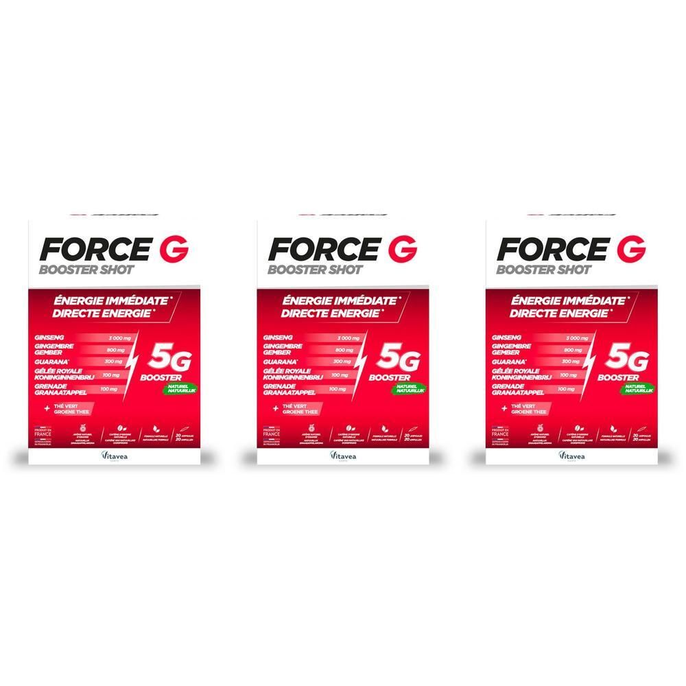 Drie verpakkingen Force G Booster Shot met ginseng en guarana voor energie.