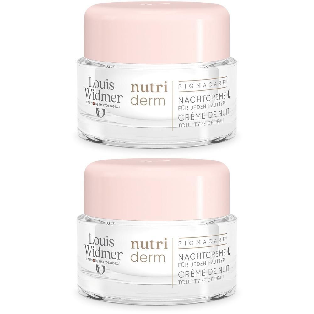 Deux pots de Louis Widmer nutriderm Pigmacare Crème de Nuit avec bouchon rose.