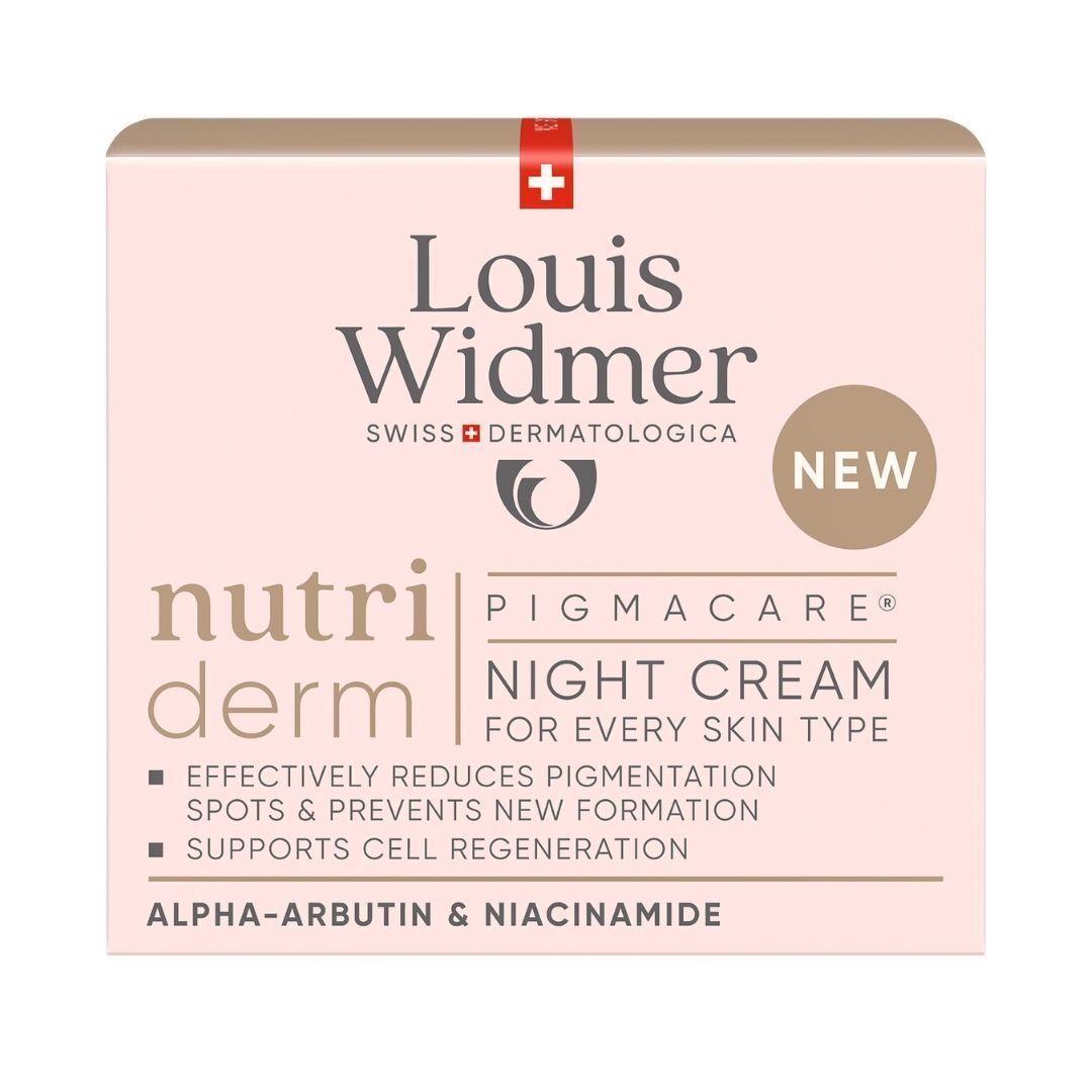 Emballage Louis Widmer nutriderm Pigmacare Crème de Nuit avec informations produit.
