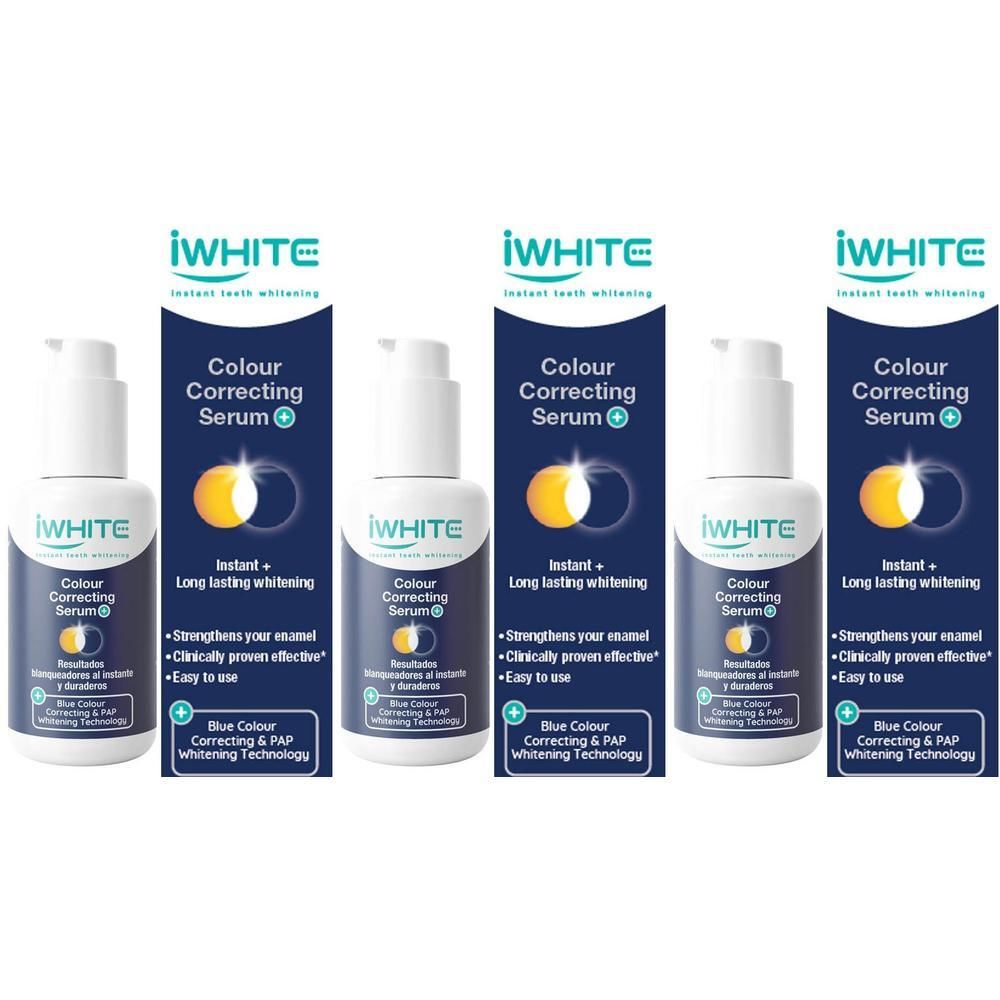 Drie flacons iWhite Colour Correcting Serum met pompdop en blauwe verpakking.