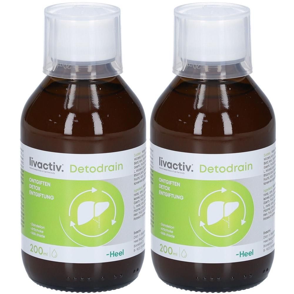 Deux bouteilles en verre brun de Livactiv Detodrain, 200ml.