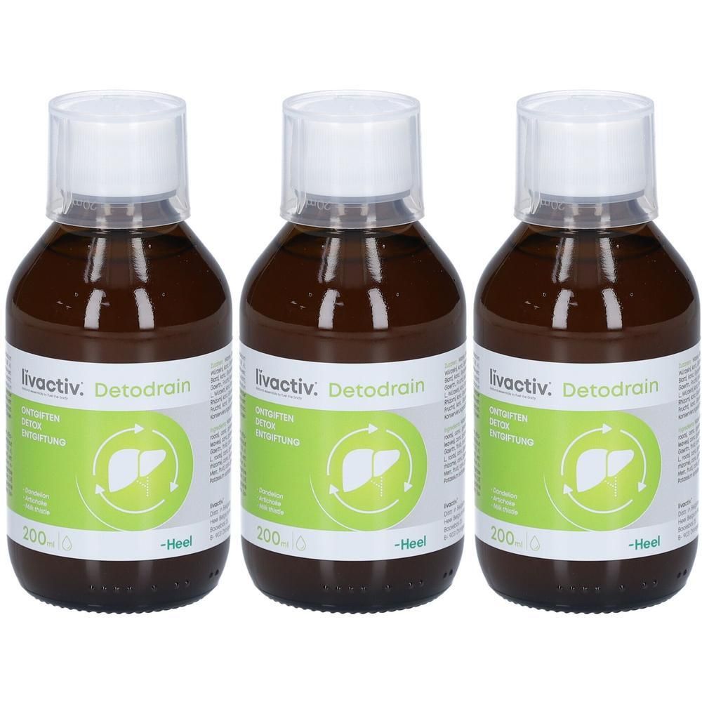 Trois bouteilles en verre brun avec bouchon à vis blanc, contenant un liquide brun. Étiquettes vertes avec une illustration de foie et le texte "livactiv. Detodrain".