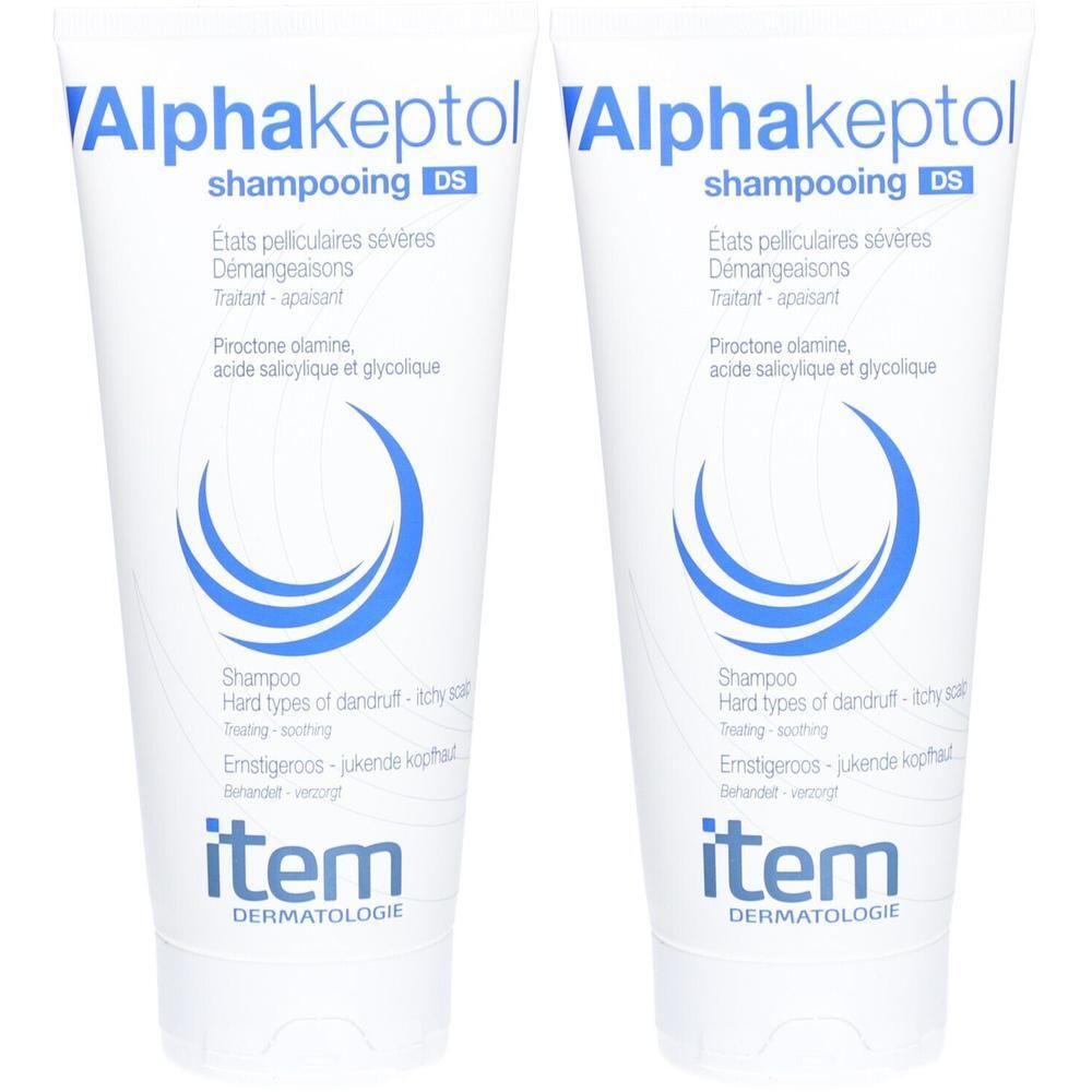 Twee flacons Item Alphakeptol Shampooing DS voor ernstige roos en jeuk.