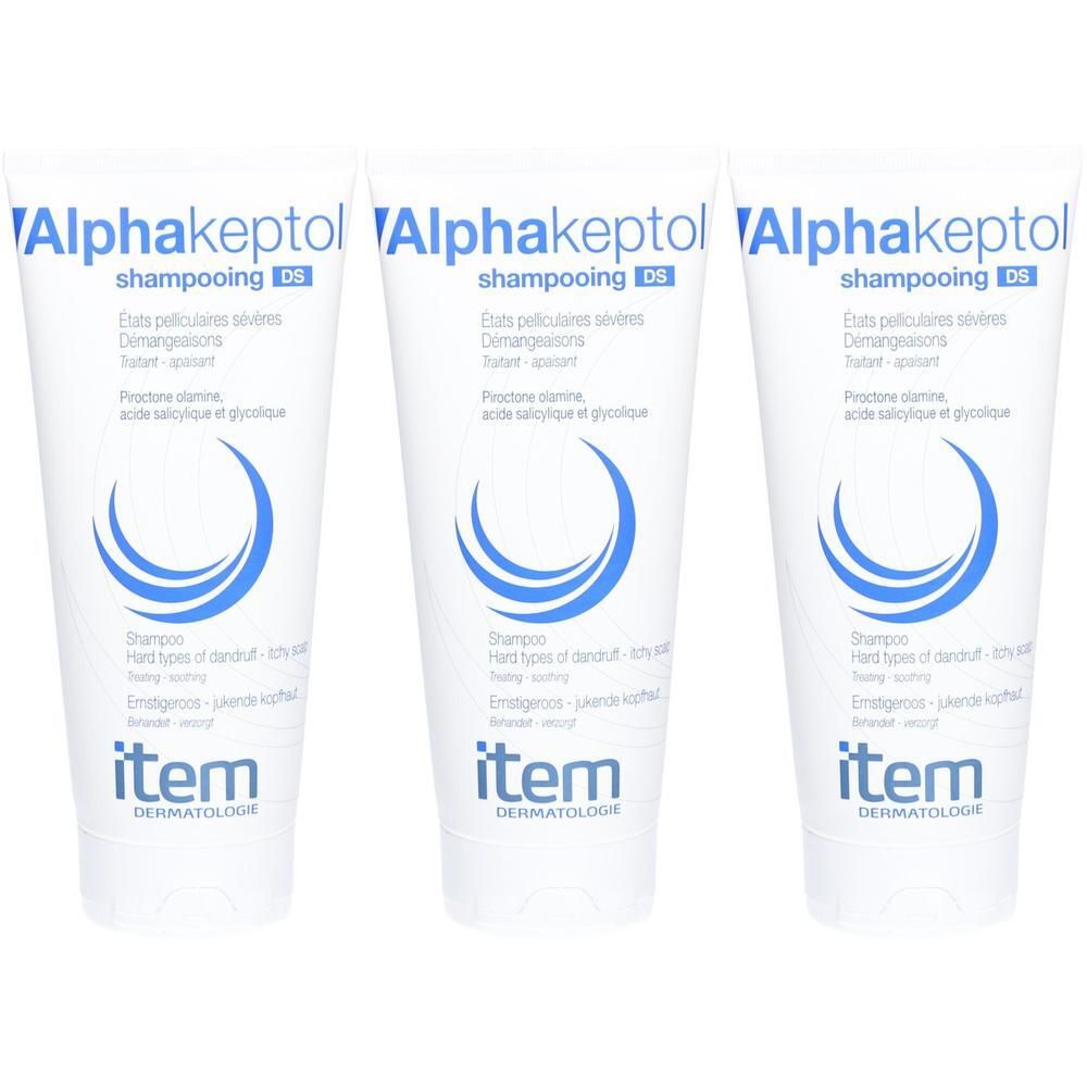 Trois flacons de shampooing Item Dermatologie Alphakeptol.