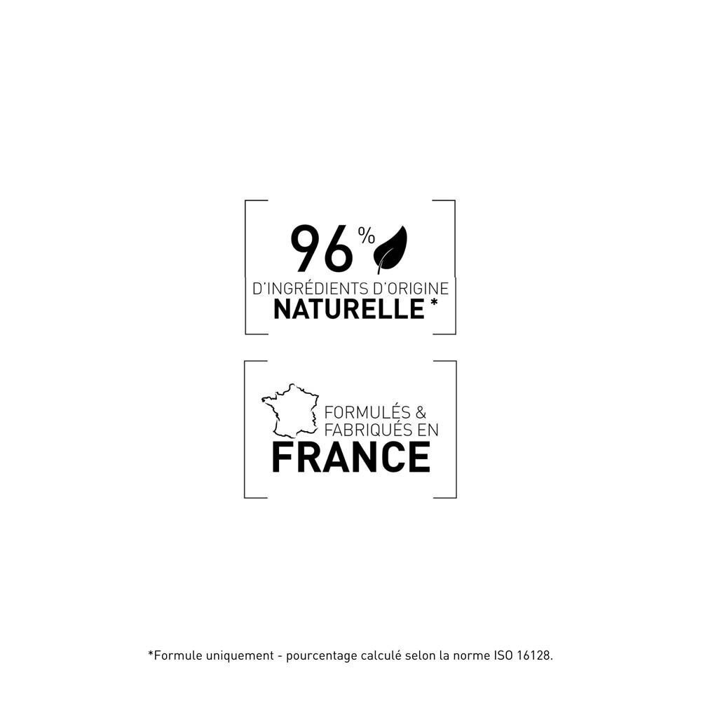 Certificats : 96% d'ingrédients d'origine naturelle et Formulé & Fabriqué en France.