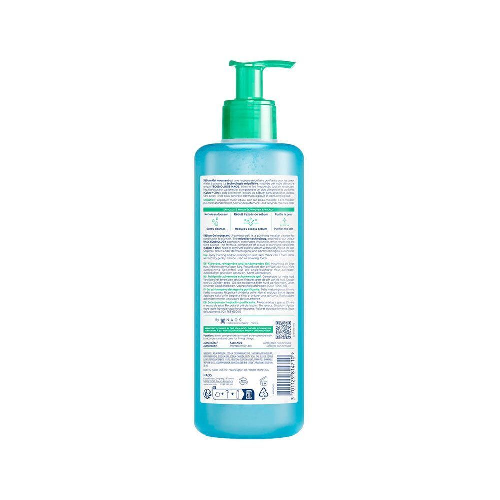 Achterkant van een fles Bioderma Sébium Gel Moussant met etiket en informatie, 400ml.